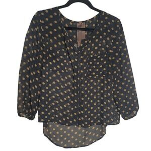 Moon Collection Polka Dot High Low Blouse Black Tan Sheer Button Front Medium